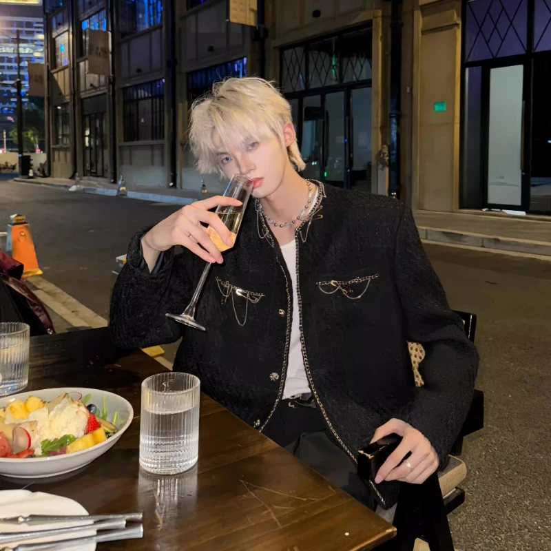 Fashion Metal Pin Design Small Fragrant Tops Men's Jackets 2025 Autumn New Coat Male Long Sleeve Round Neck Stylish Chic Jackets