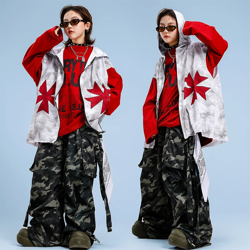 Jungen Hip Hop Top Kostüm Mädchen K-pop Coole Graffiti Mit Kapuze Weste Street Dance Cargo Hosen Kinder Teenager Streetwear kind Kleidung Sets