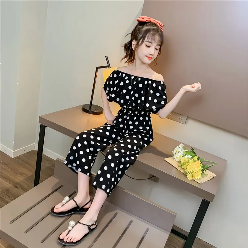 3-12 Years Girl Overalls Off-shoulder Chiffon Teen Girls Romper Polka Dot Girls Jumpsuit Sunsuit Summer Girls Clothes Outfits