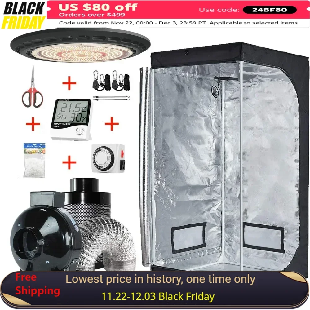 32'' Grow Tent Complete Kit，UFO LED 200W Grow Light + Fan Filter Ventilation Kit + Hydroponics Indoor Growing System，Grow Tent