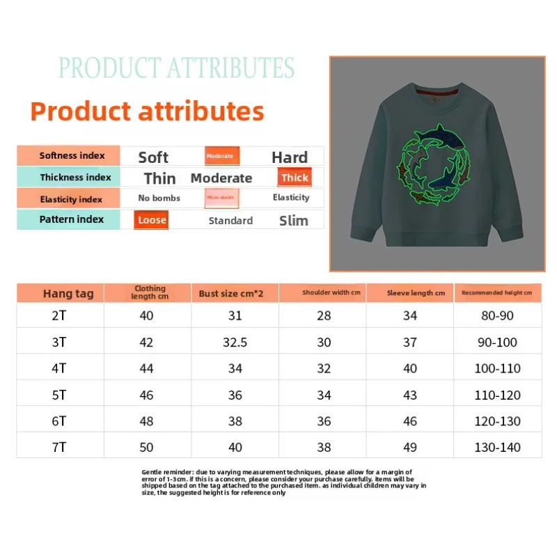 توهج الظلام القرش هوديي ربيع جديد البلوز مضيئة البلوز جولة الرقبة طويلة الأكمام الملابس حزب تصميم الاطفال حجم الملابس #2