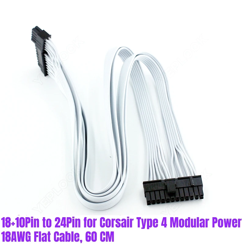 

White 18+10Pin to 24Pin ATX Motherboard Power Cable 60 CM 18AWG for CORSAIR RM750 750W RM850 850W White Modular Power Supply PSU