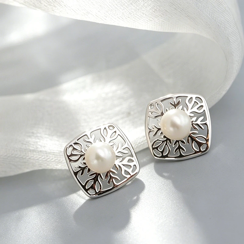 Minimalist Nature-inspired S925 Sterling Silver Stud Earring Inlaid Natural Freshwater Pearl Square Hollow Branch Earring Jewelr