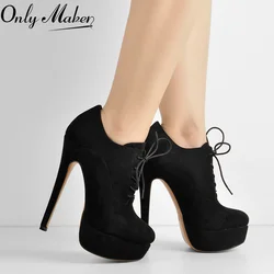 Onlymaker Women Platform Sexy High Heel Ankle Boots Lace Up Stiletto Black Flock Comfortable Large Size Booties