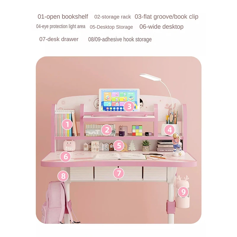 Table d\'étude rose pour enfants, bureau d\'écriture pour école primaire, rangement simple à la maison, ensemble de chaises relevables