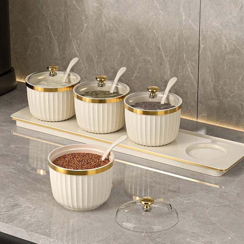 Elegant 3-Piece Seasoning Jar Set - Vertical design with gold knob cover, perfect for finishing kitchen countertops