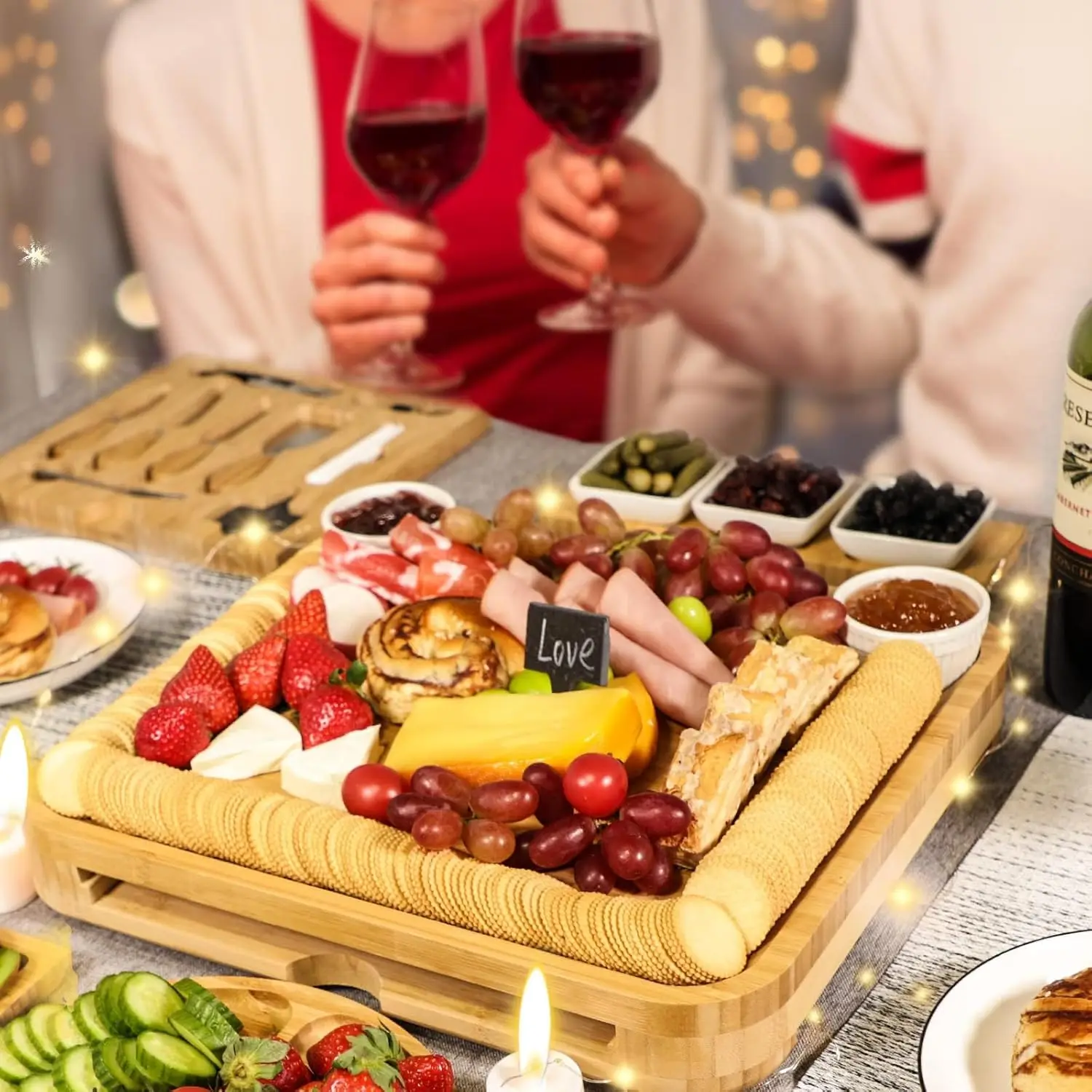 

Boards Gift Set Bamboo Cheese Board and Knife Set, Cheese Tray Magnetic Charcuterie Boards Set, 15 x 13 x 2 Inch for Cheese