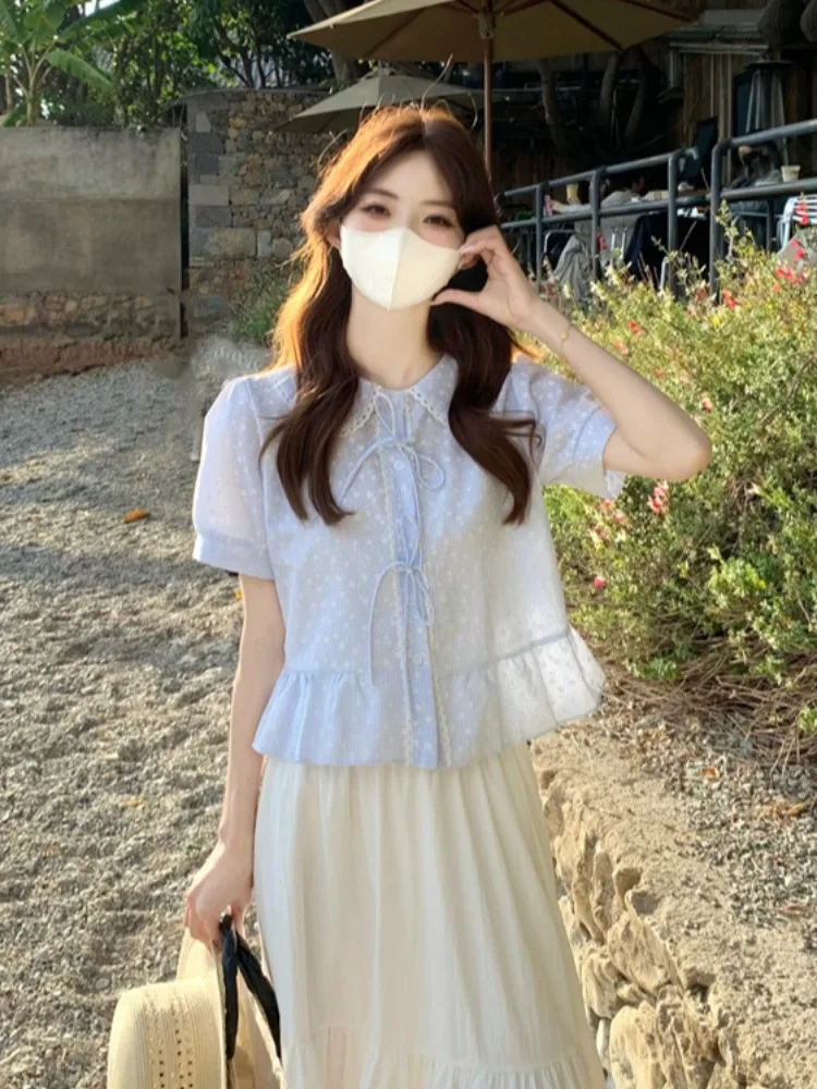 

Dopamine Blue Bubble Short Sleeve Doll Collar Cotton Linen Women's Shirt Summer Anti-Aging Match Long Skirt Korean Style Loos...