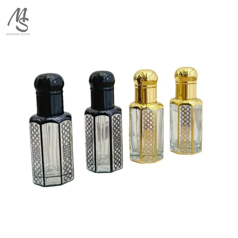 12ml Essentiële Olie Fles Draagbare Druppelaar Parfumflesjes Glas Vintage Verzegelde Druppelaar Zwart Goud Dispenser Vloeibare Containers