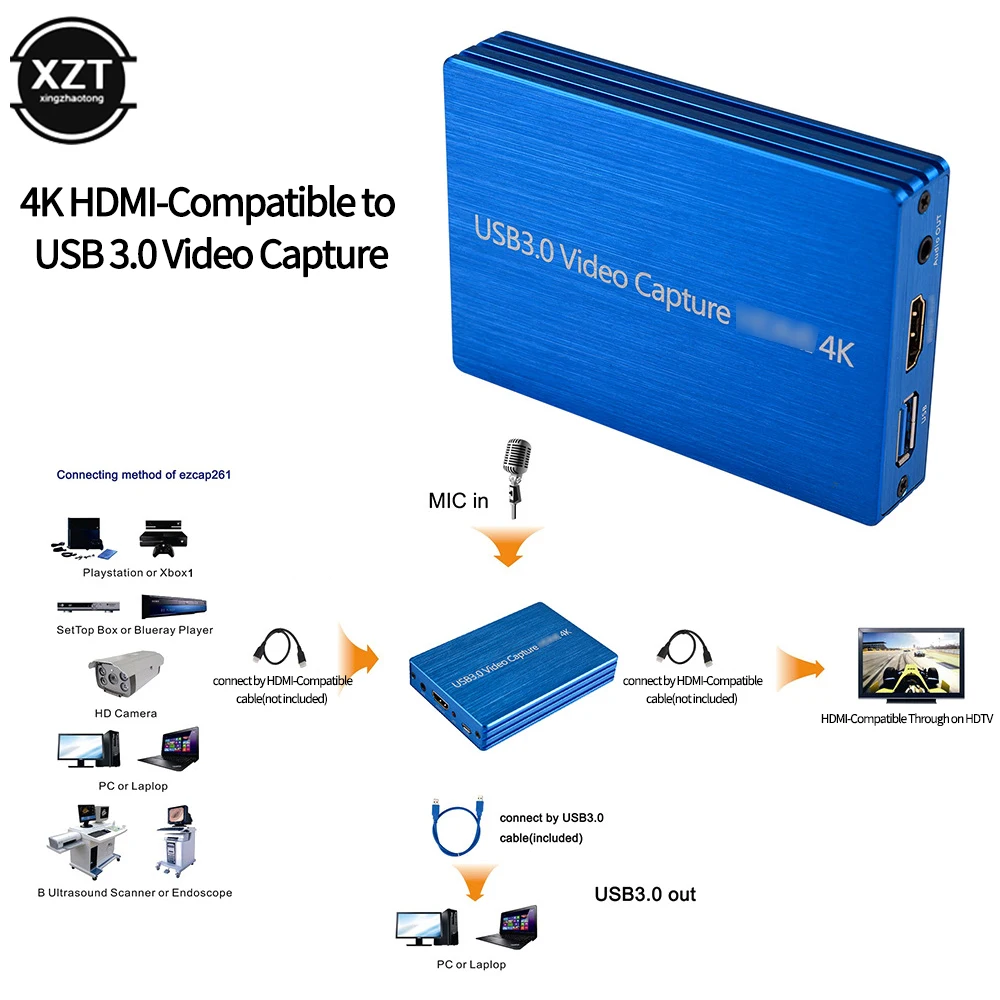 Universal 4K HDMI-compatible Recording Box USB3.0 Driver-free Game Live Broadcaster Microphone HD 1080P Loop Capture Card