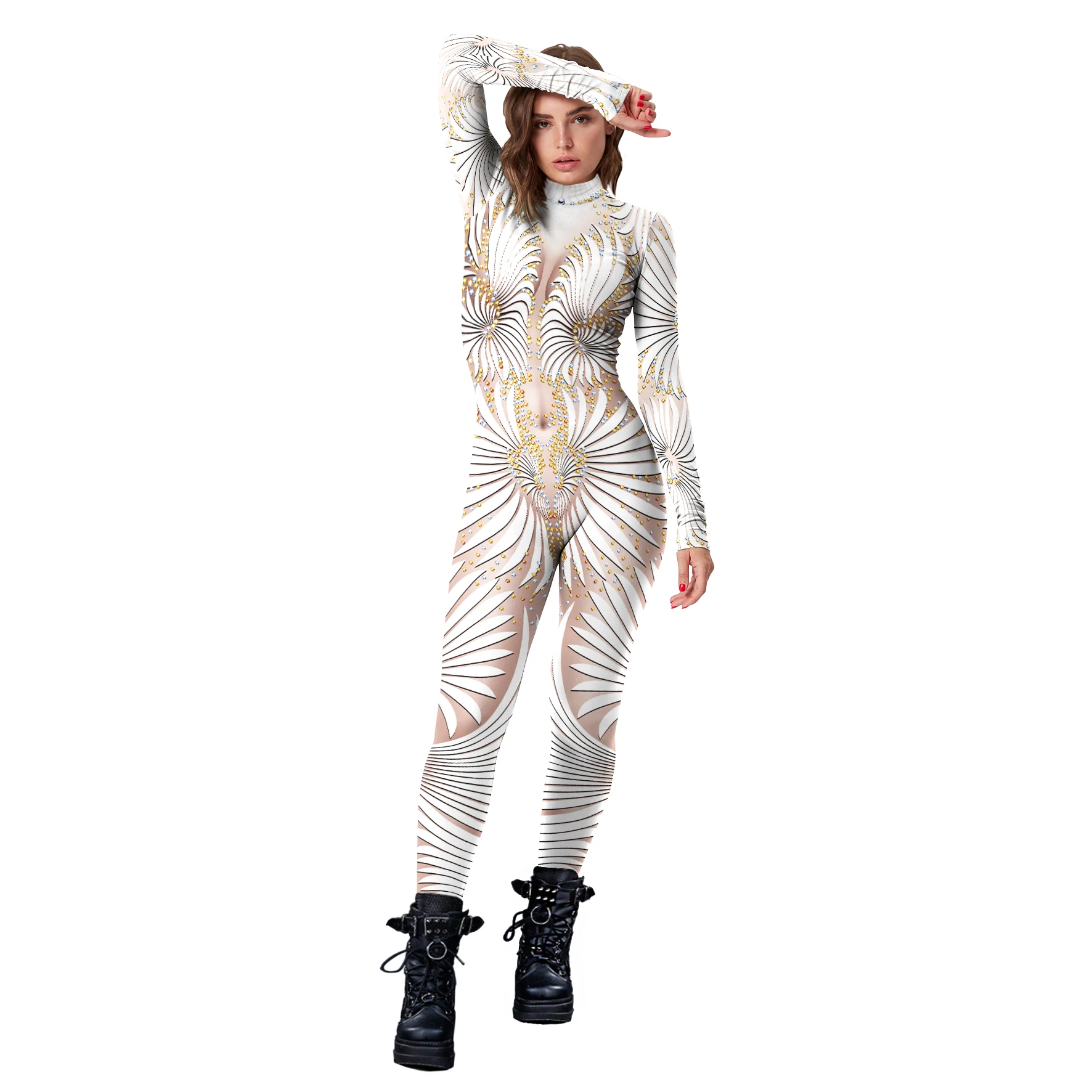 Sequin Print Fashion Jumpsuits Woman Sexy Zentai Suit Holiday Party Clothes Elastic Fitness Bodysuist for Sports Festival Outfit