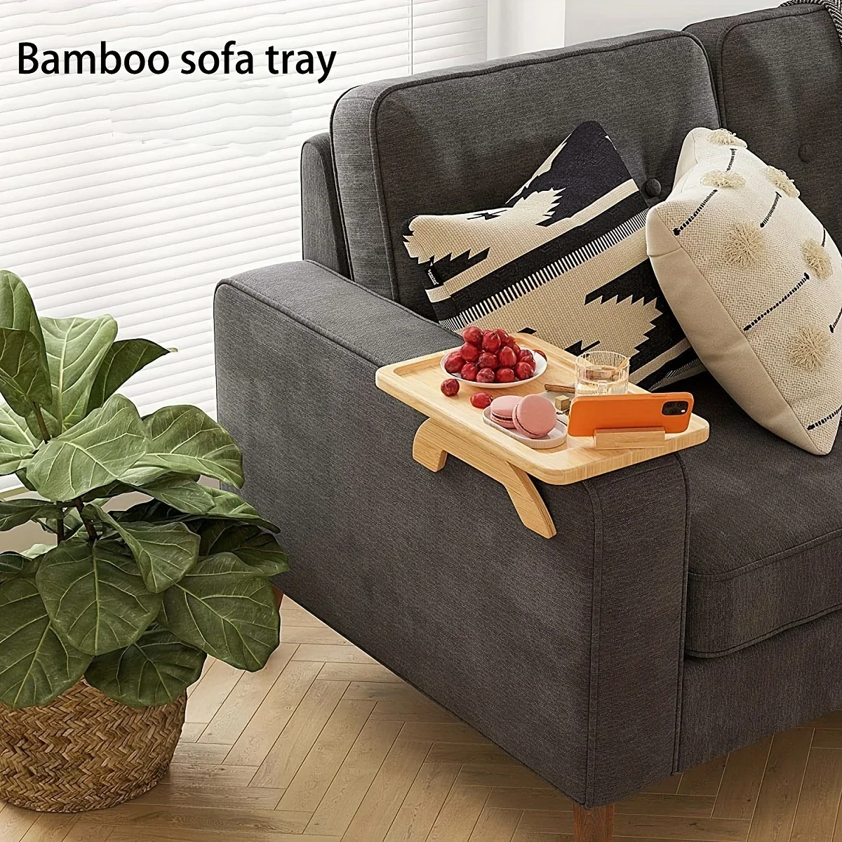 Sofa Tray Table Couch Armrest Trays Wood Phone Holder 360° Rotating Clip-On Practical TV For Remote Control Drink Home Decor