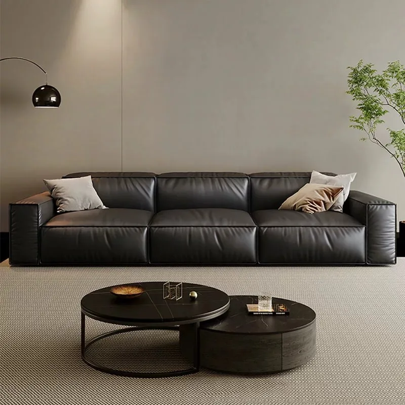 Light luxury tofu sofa, retro style, small apartment, black leather, straight line sofa.