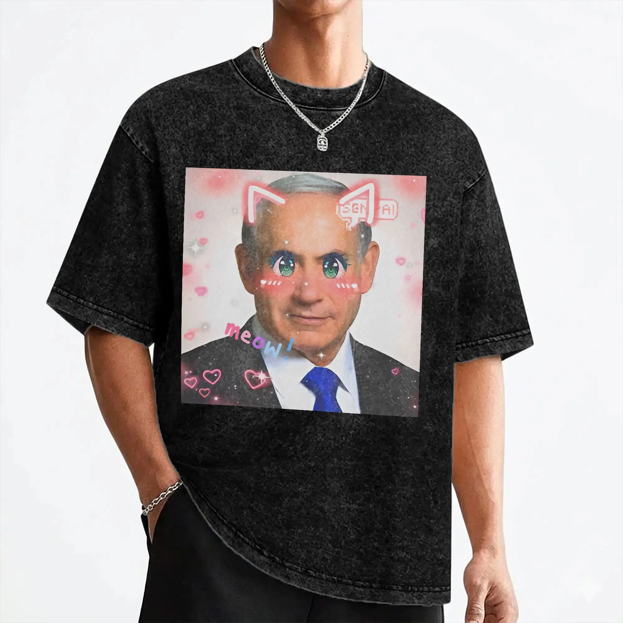Benjamin Netanyahu Cute Kawaii T Shirt Washed Short Sleeve Harajuku T-Shirt  Vintage for Men Women Streetwear Summer Tees