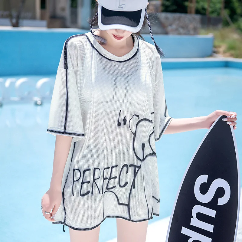 Korean Style y2k Sports Swimwear Boyfriend Design Oversize t-Shirt Top Bra And Short 3piece Set Mesh White Swimsuit Bathing Suit