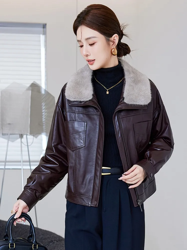 Mode Winter Vrouwen Echt Leer Down Jas Warme Nertsen Bontkraag Rits Loose Fit Straat Schapenvacht Motorfiets Korte Jas