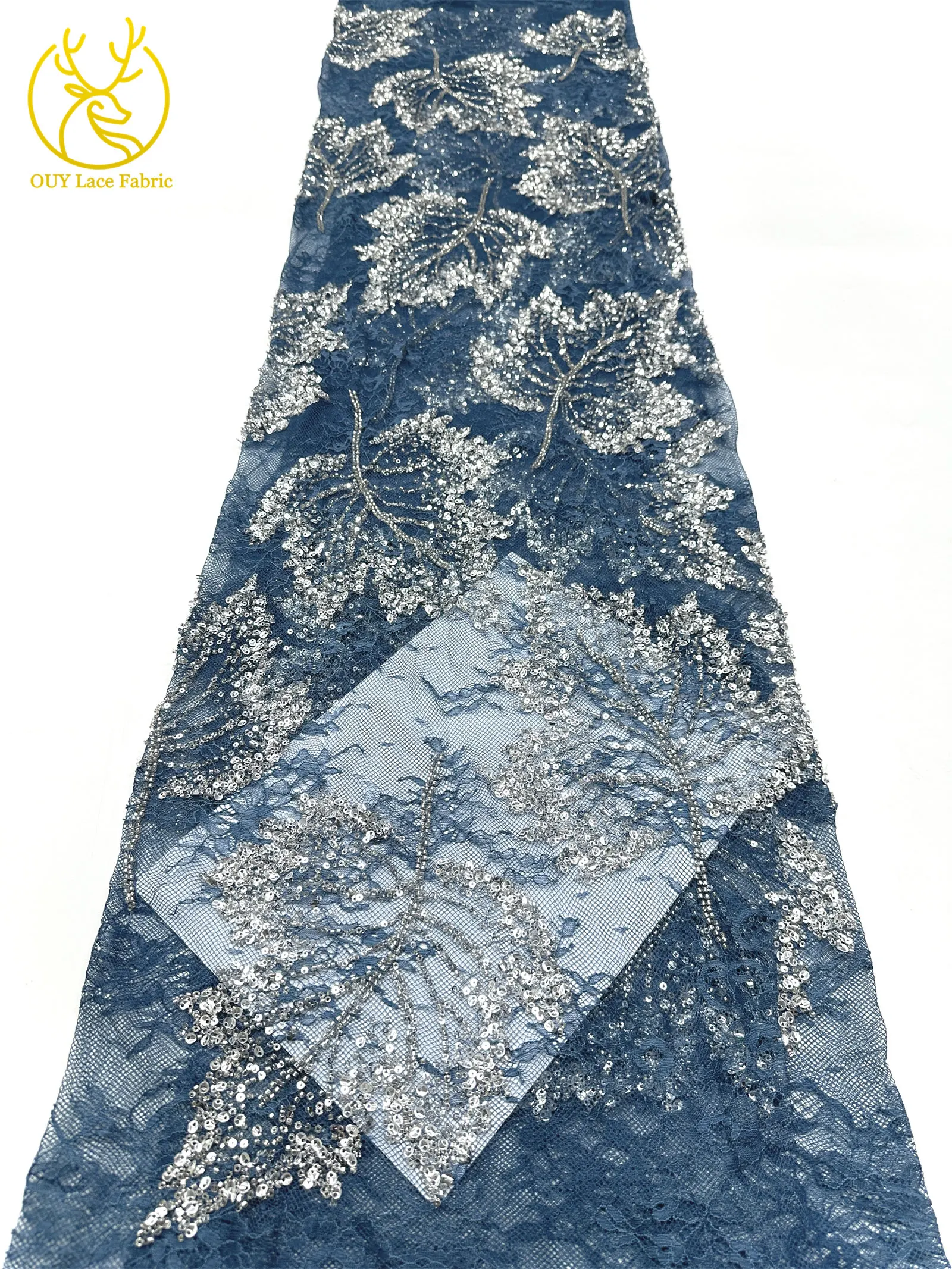 Weinroter afrikanischer bestickter Perlen-Spitzenstoff, 5 Yards, französisches Blattmuster, Pailletten-Tüll-Spitzenstoff für Hochzeits- und Partykleider – Detail 27