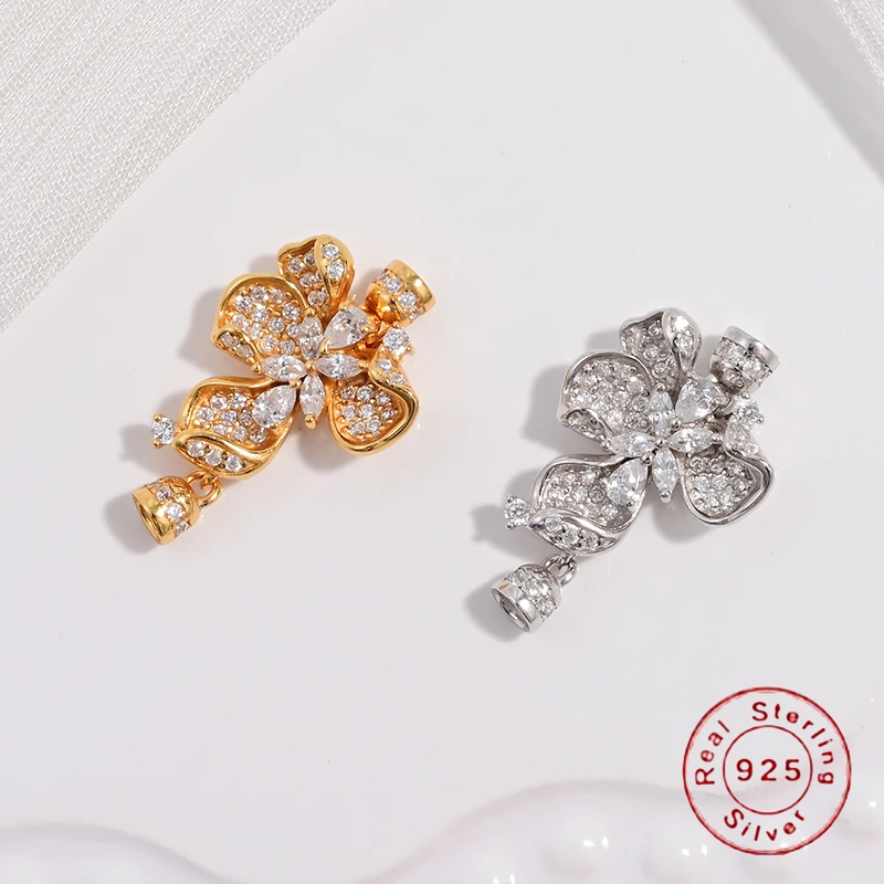 S925 Sterling Silver Inlay Zircon Flowers Connector Clasps For Necklace Supplies, Beads Clasps Fastener DIY Jewelry Making SK84