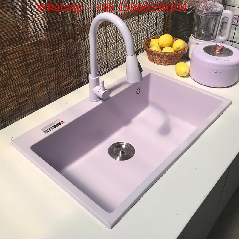 Customized purple quartz stone large single slot colored kitchen washing basin sink handmade new product with pulling faucet new