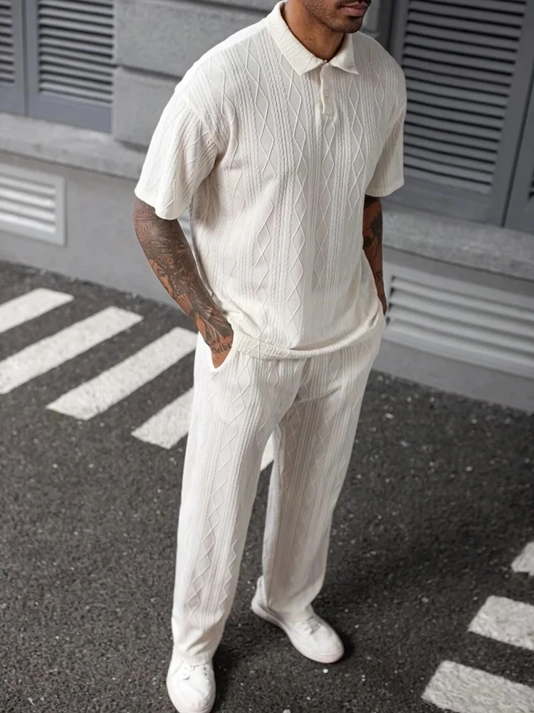Summer Men Solid-color Jacquard Trousers Suit 2025 New Fashion Line Texture Casual lapel Short-sleeved POLO shirt Two-piece set