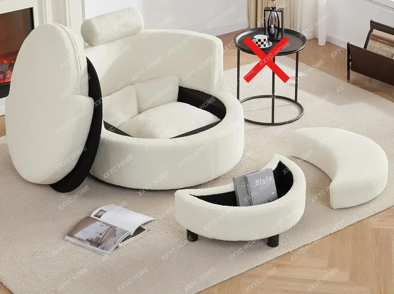 Swivel Chair with Half Moon Storage Ottoman, Round Oversized Barrel with Base Storage for Living Room, 360°Modern