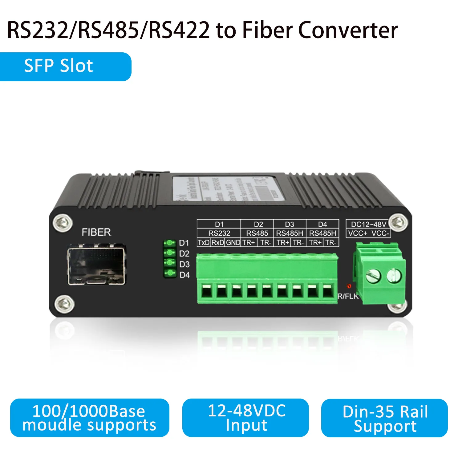 Industrial Serial to Fiber Converter RS232 RS485 RS422 Optic Modem, Bidirectional SFP Slot Serial Over Fiber Converter, DC12~48V