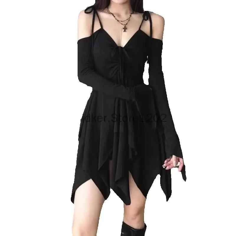 2026 Gothic Women Clothing Drawstring Pleated Short Dresses Solid Color Y2K Irregular Lace-Up Off The Shoulder Long Sleeve Dress