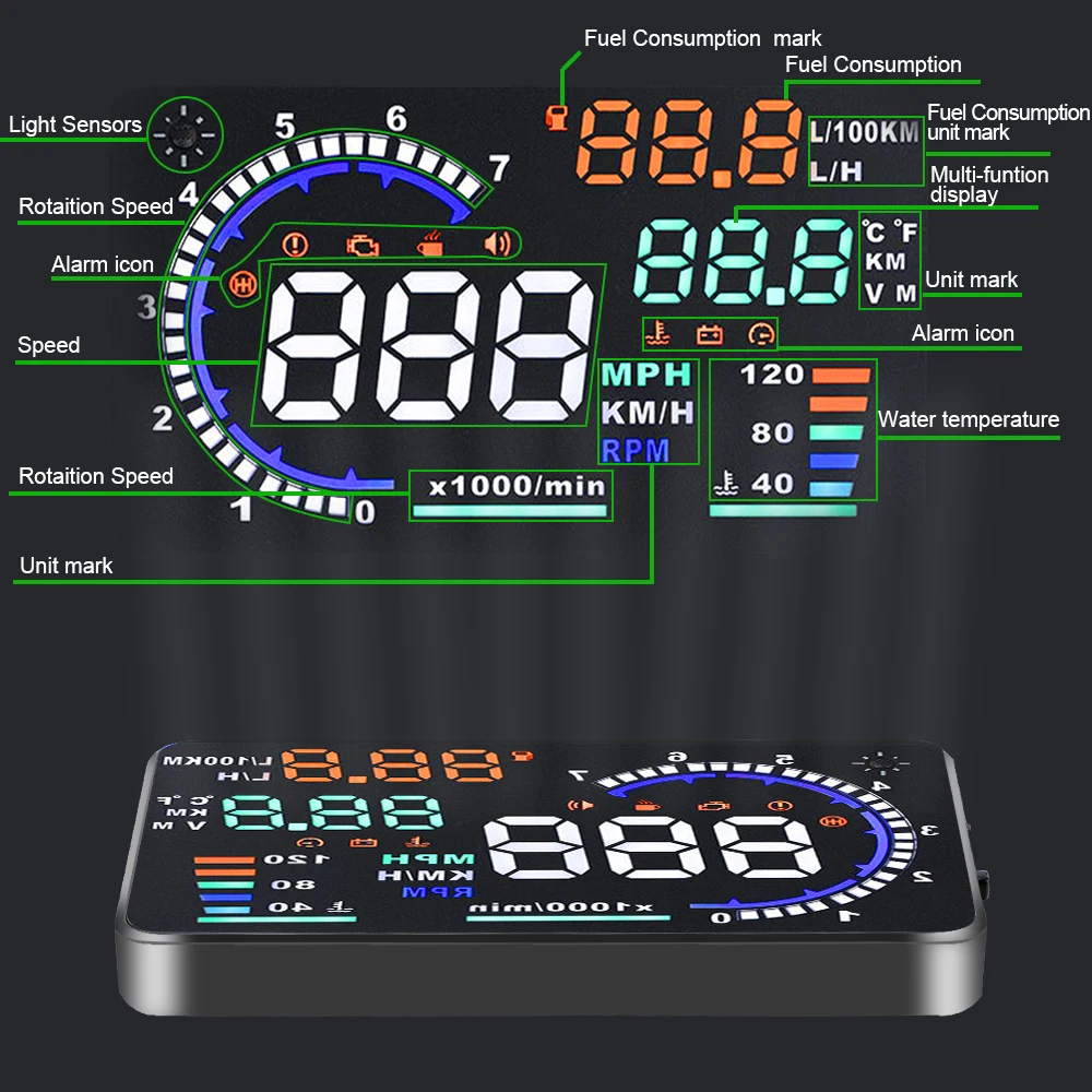 OBD2 HUD 자동차 헤드업 디스플레이, 5.5 "A8 4" X6 데이터 진단 도구, 전압 알람 LED 앞유리 프로젝터 속도 연료 경고