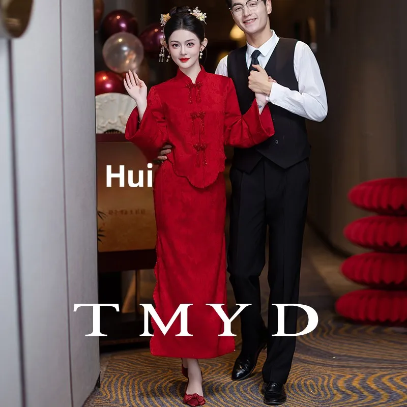 

Новое китайское свадебное платье цвета красного вина с длинными рукавами для женщин, для помолвки и церемонии бракосочетания