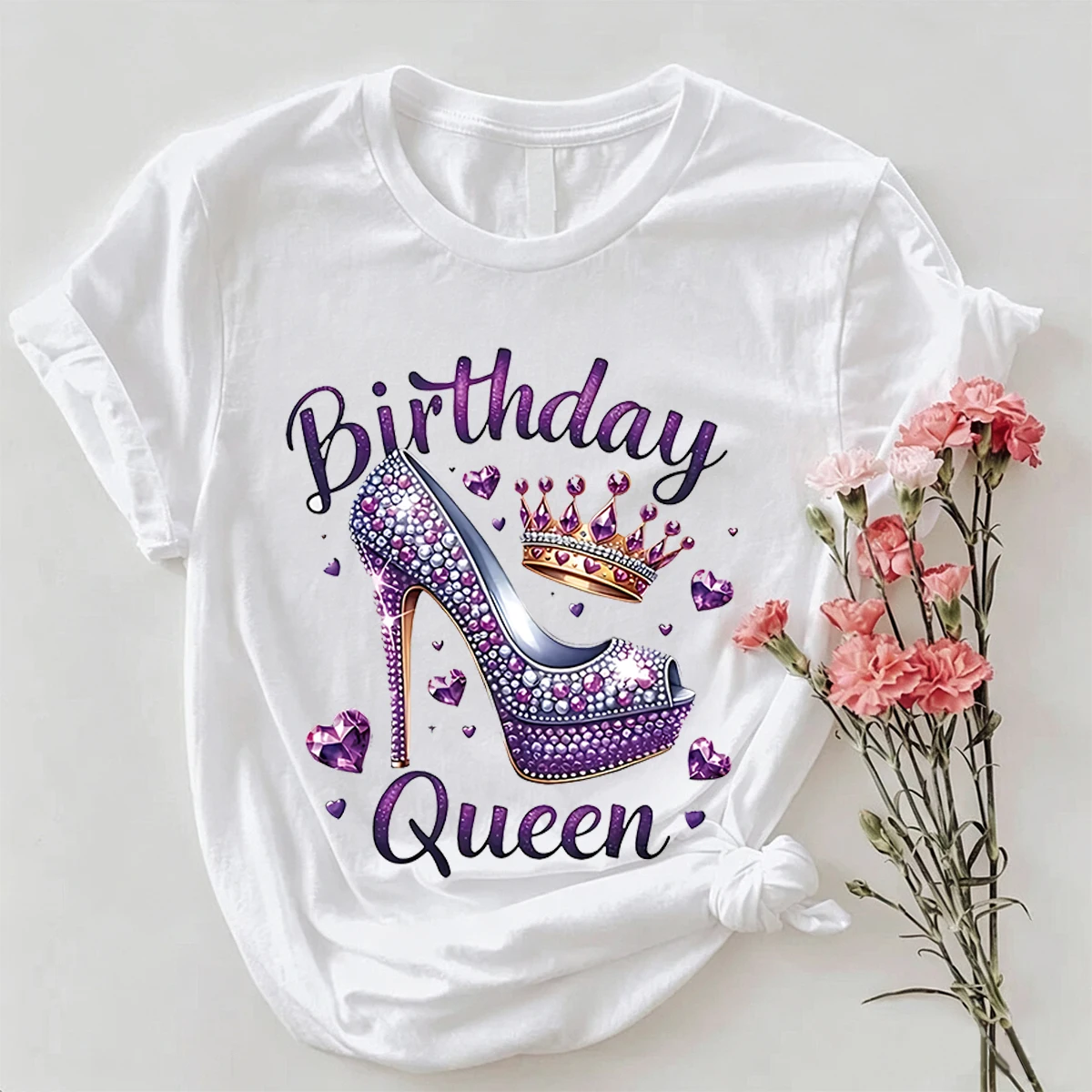 Birthday Queen Purple Rhinestone High Heel Crown Heart Gem Graphic Plus Size Women 100% Cotton Soft Loose Oversized Crew Neck Short Sleeve T-Shirt For Birthday Party Daily Dating Tops