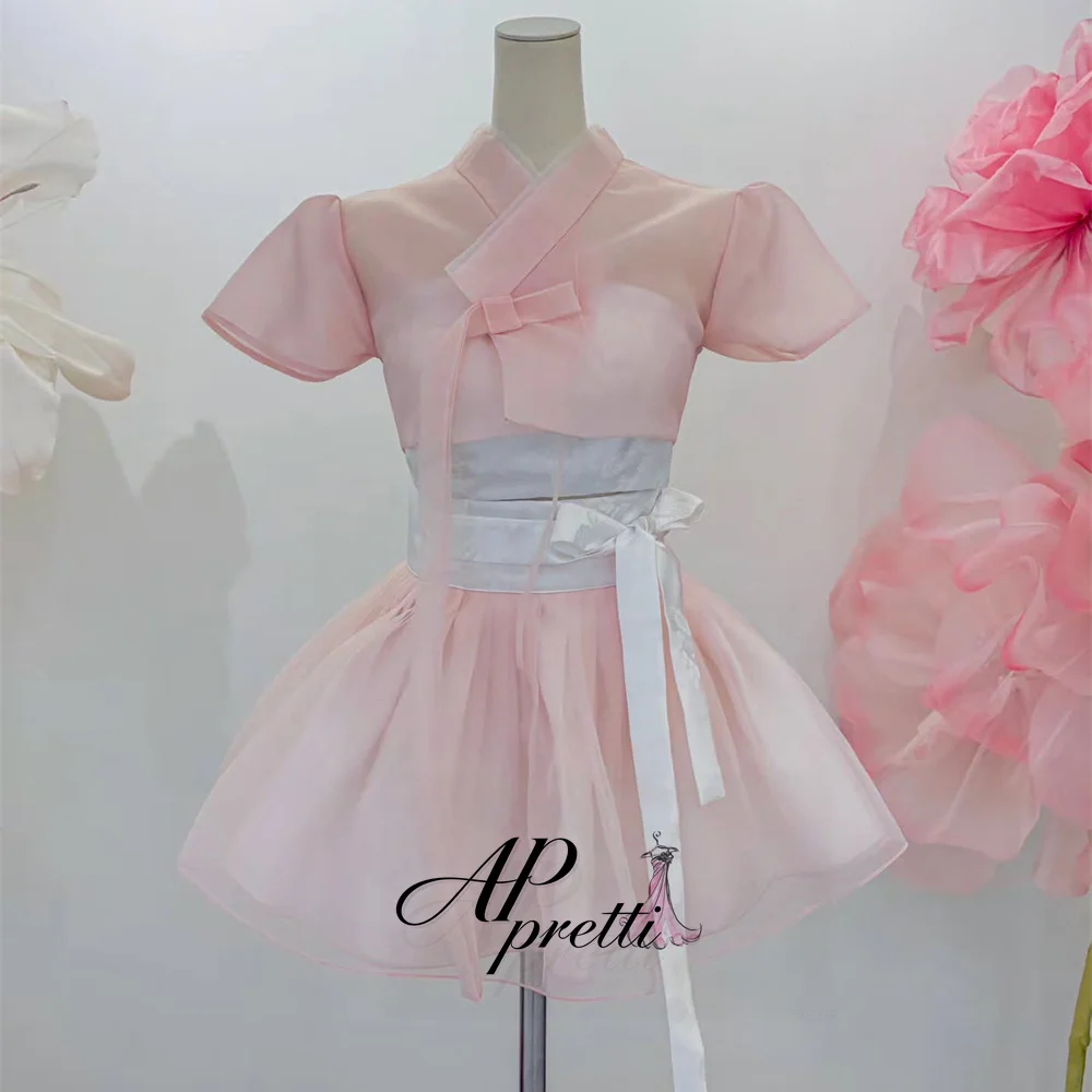 AP pretti Contrast Color Short Sleeves Mini Hanbok Organza Short Korea Wedding Photo Shoot Dress Customized Performance Costume