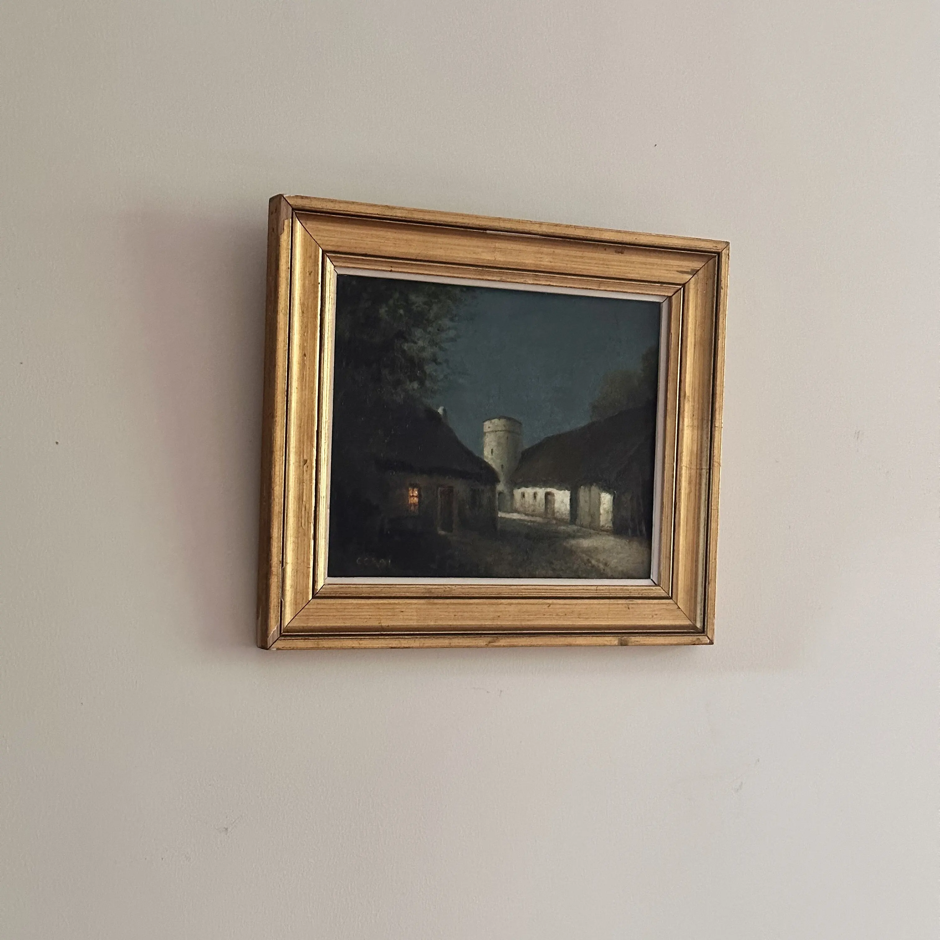 French 19th Century Landscape Oil Painting  Country House at Night P05