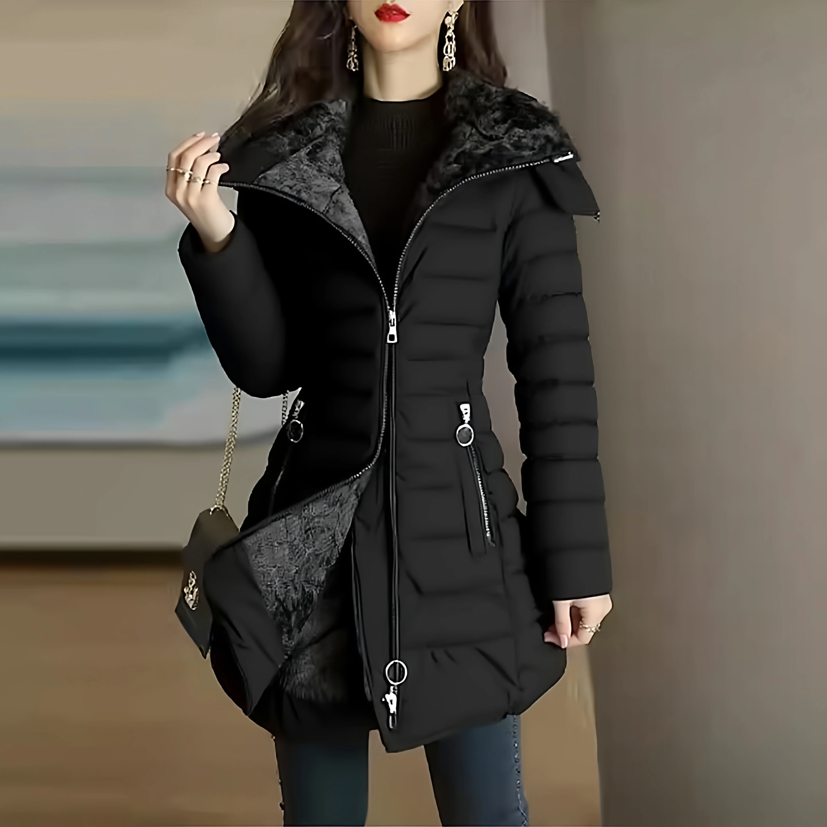 

Women's Cotton Jaet Hooded Mid-Length Long Sve Slim Fit Coat Warm Sli Commute Sle Zipper ket Polyester