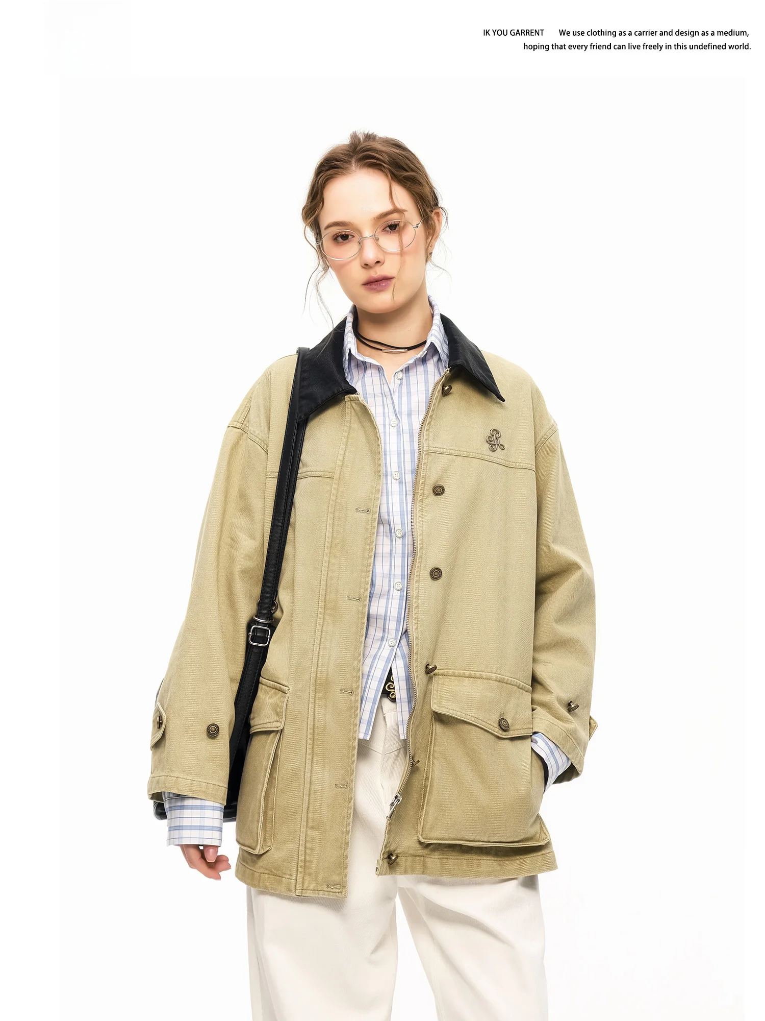 

Женская рабочая куртка Ikyou Khaki с металлической нашивкой, свободного кроя, весенняя новинка, средней длины, ветровка-барн