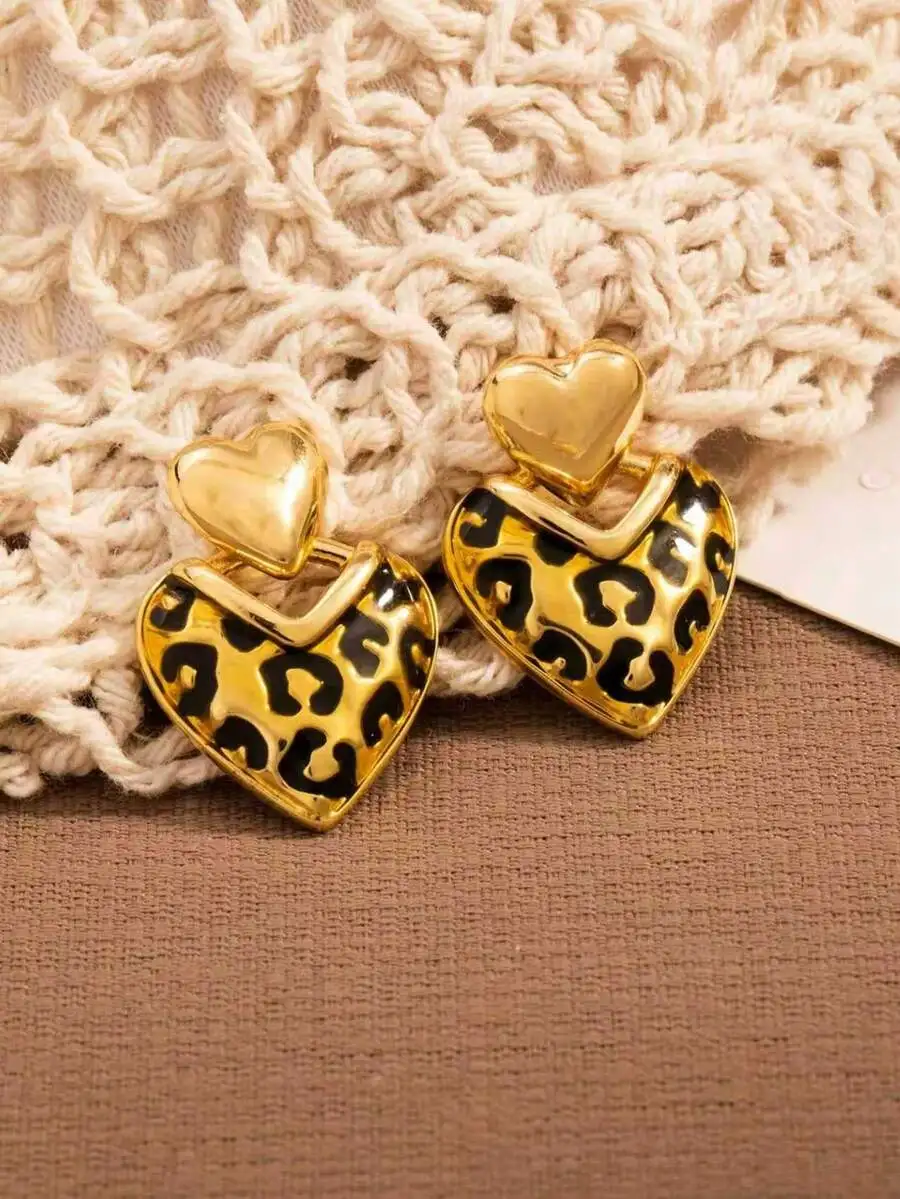 

Leopard Print Heart Shape Earrings Gold Tone Alloy Fashion Jewelry For Women