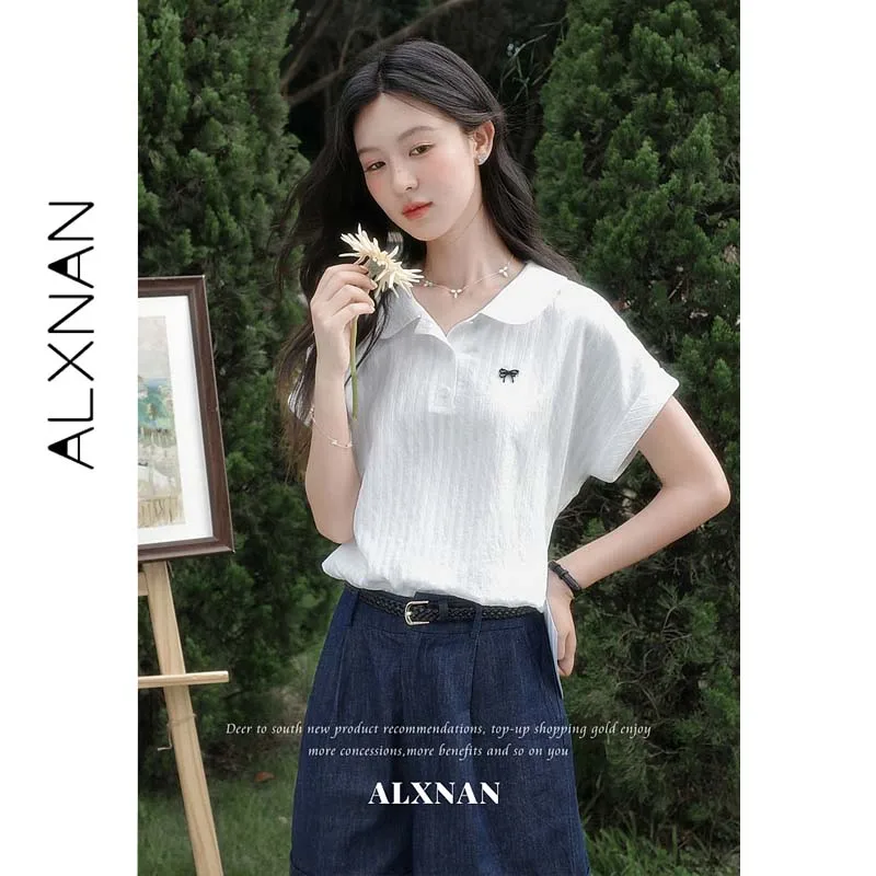 ALXNAN Lapel Short Sleeve T-shirt Women Off White French Elegant Commuter Top Female Summer New Tees With Free Scarf L66708