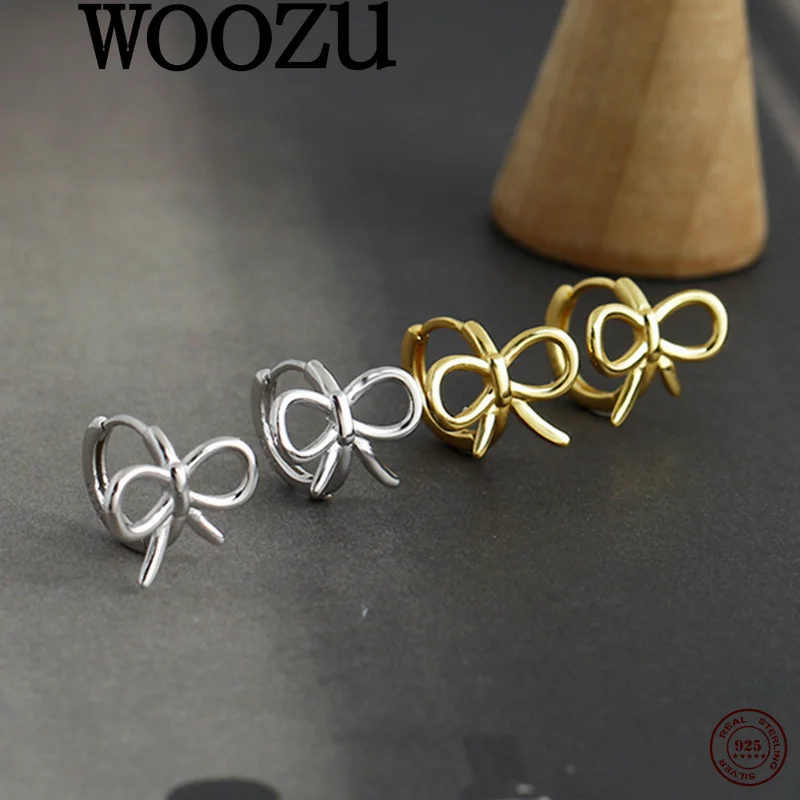 

WOOZU Real 925 Sterling Silver Temperament Simple Bow Hug Hoop Earrings for Women Party Delicate Elegant Fashion High Jewelry