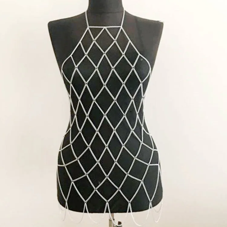

European and American metal multi-layer grid shape geometric body chain, clothing accessories, metal black three-color optional