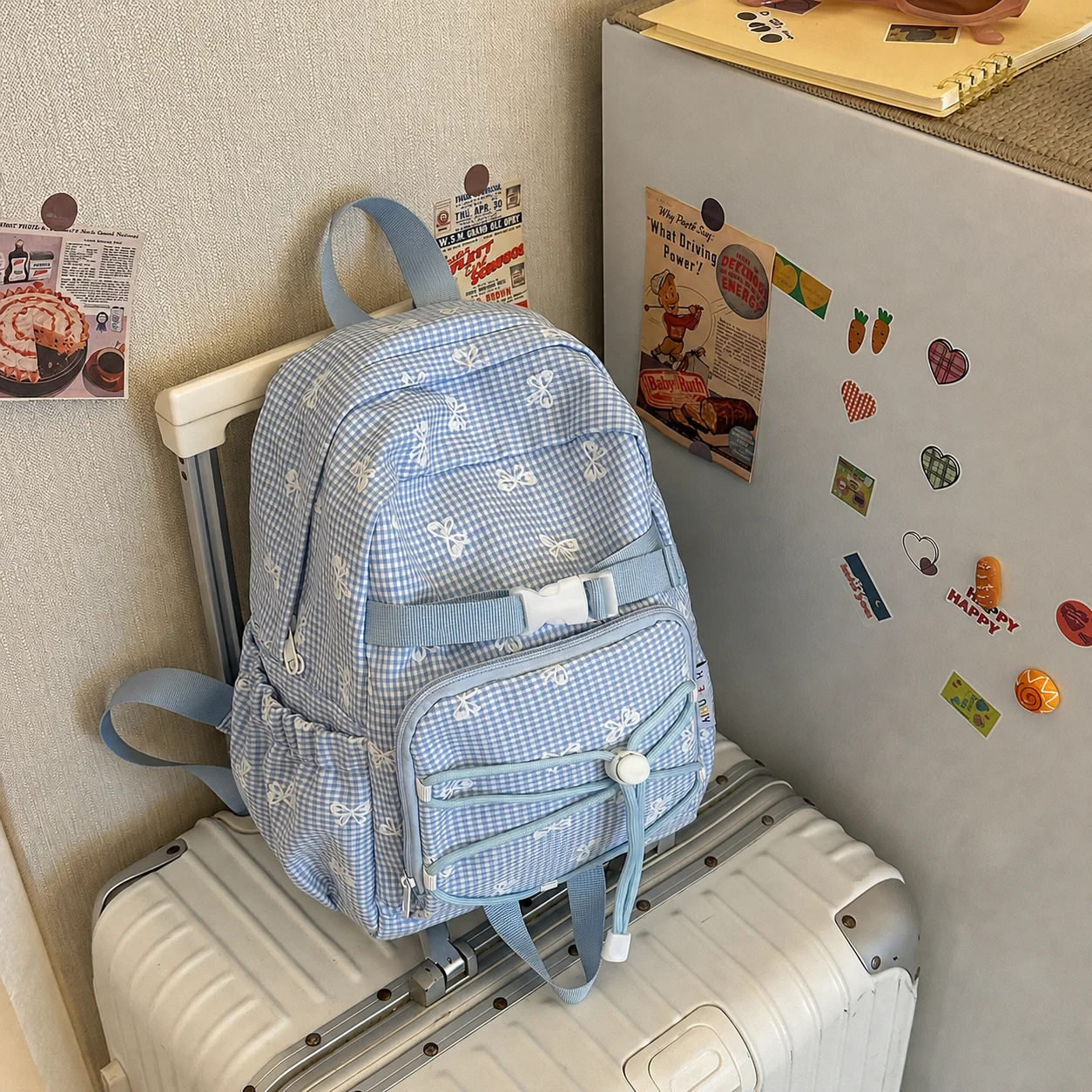 

Korean School Bag Casual Check Pattern Backpack Nylon Canvas School Bag Adjustable Drawstring Backpack For Daily Use Short
