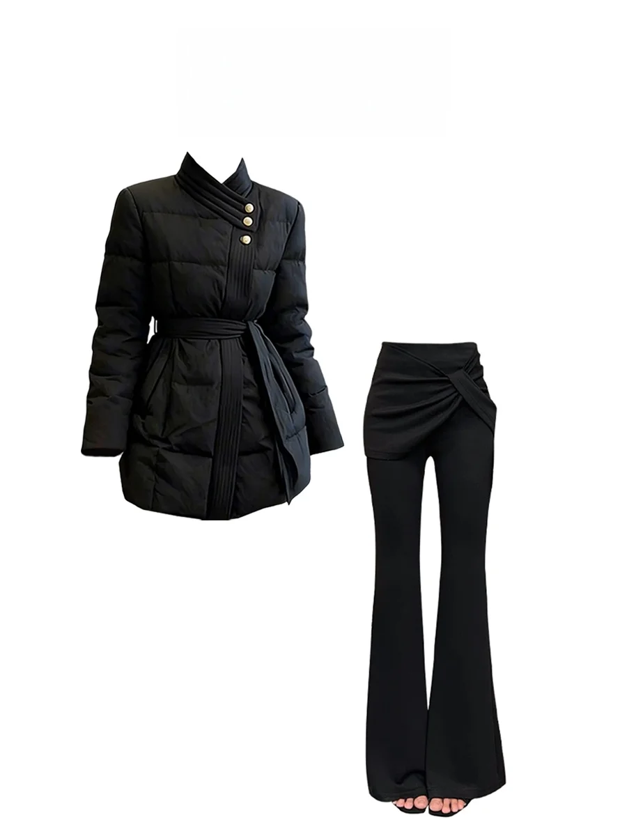 

Parkyeon 2026 New Simple Design Jacket with Belted Neckline Cotton Coat And Flared Pants Women's Commute Style Korean Fashion