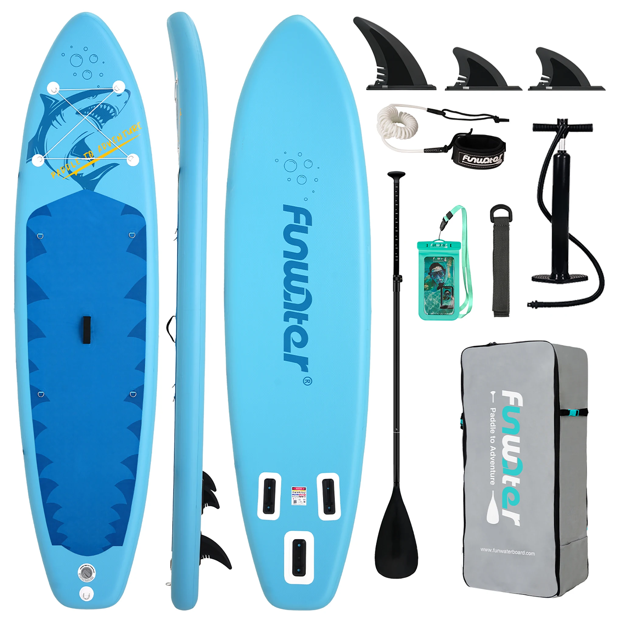 Funwater aufblasbares Paddleboard 335*84*15 cm Drei abnehmbare Finnen rutschfestes EVA-Material Komplettes Zubehör Geeignet für Erwachsene Wassersport Yoga Angeln Surfen Anfänger