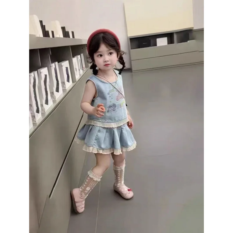

Children's Outfit Skirt New Summer Girl Baby Cartoon Print Vest Lace Patchwork Short Skirt Two-Piece Set Trendy