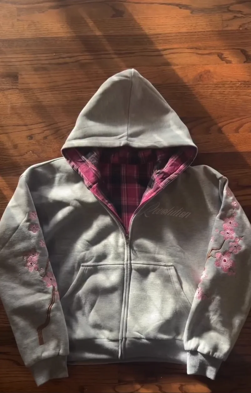 Y2K خمر زهر الكرز التطريز قلنسوة بسحاب Harajuku فضفاض عكسها بسيطة شبكة سترة الرجال النساء معطف الوردي الشارع الشهير