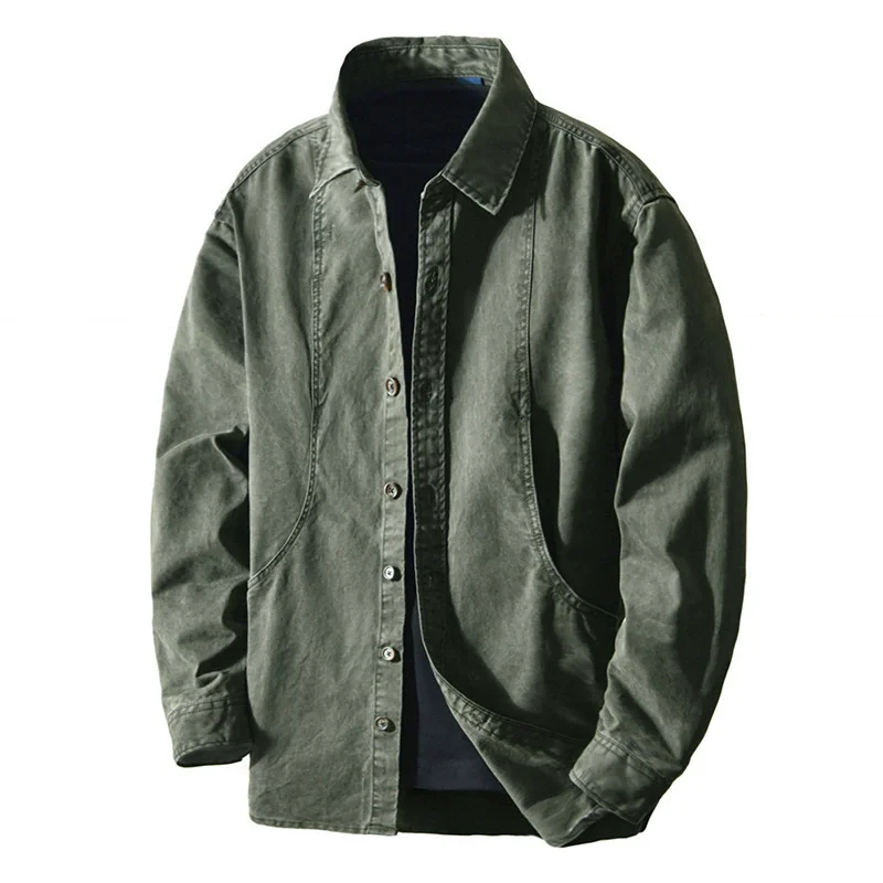 Autumn Cargo 100% Cotton Loose Comfort Shirt for Men Seagull Collar Sense of Layering Streetwear Green Long Sleeve Men Jackets