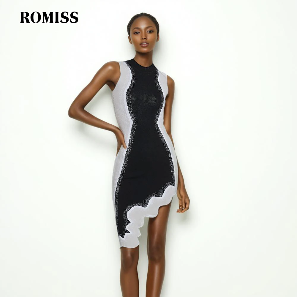 

ROMISS Hit Color Slim Dresses For Women Round Neck Sleeveless Off Shoulder High Waist Irregular Hem Summer Midi Dress Female