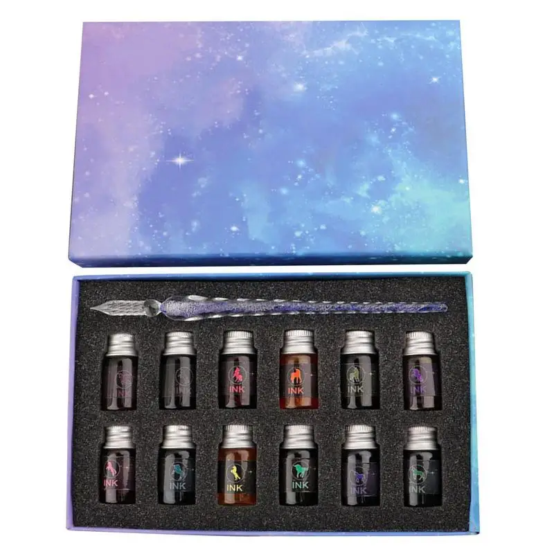 

Crystal Glass Pens Starry Sky Calligraphy Dip Pen Fountain Pens Colors Ink Gift Box Writing Stationery Supplies