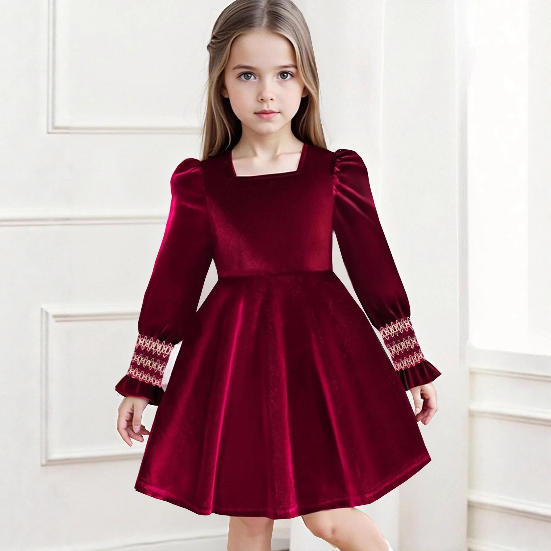 Cuff Pattern with Adjustable Back, Large Butterfly Square Collar, Long Sleeved Fashionable and Stylish Dress