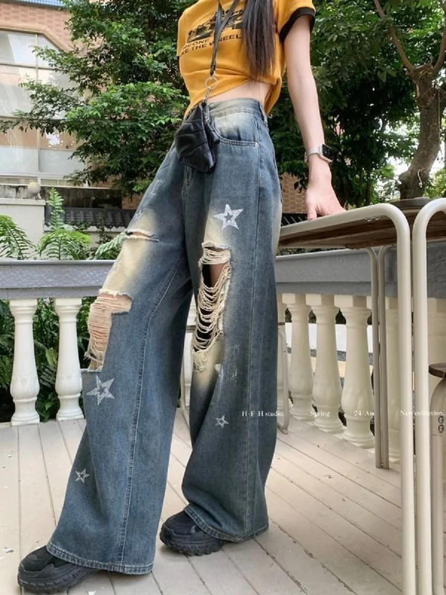 

American Retro Star Print Wide-leg jeans Women Spring Autumn New Niche Personality Hottie Ripped Loose Trousers