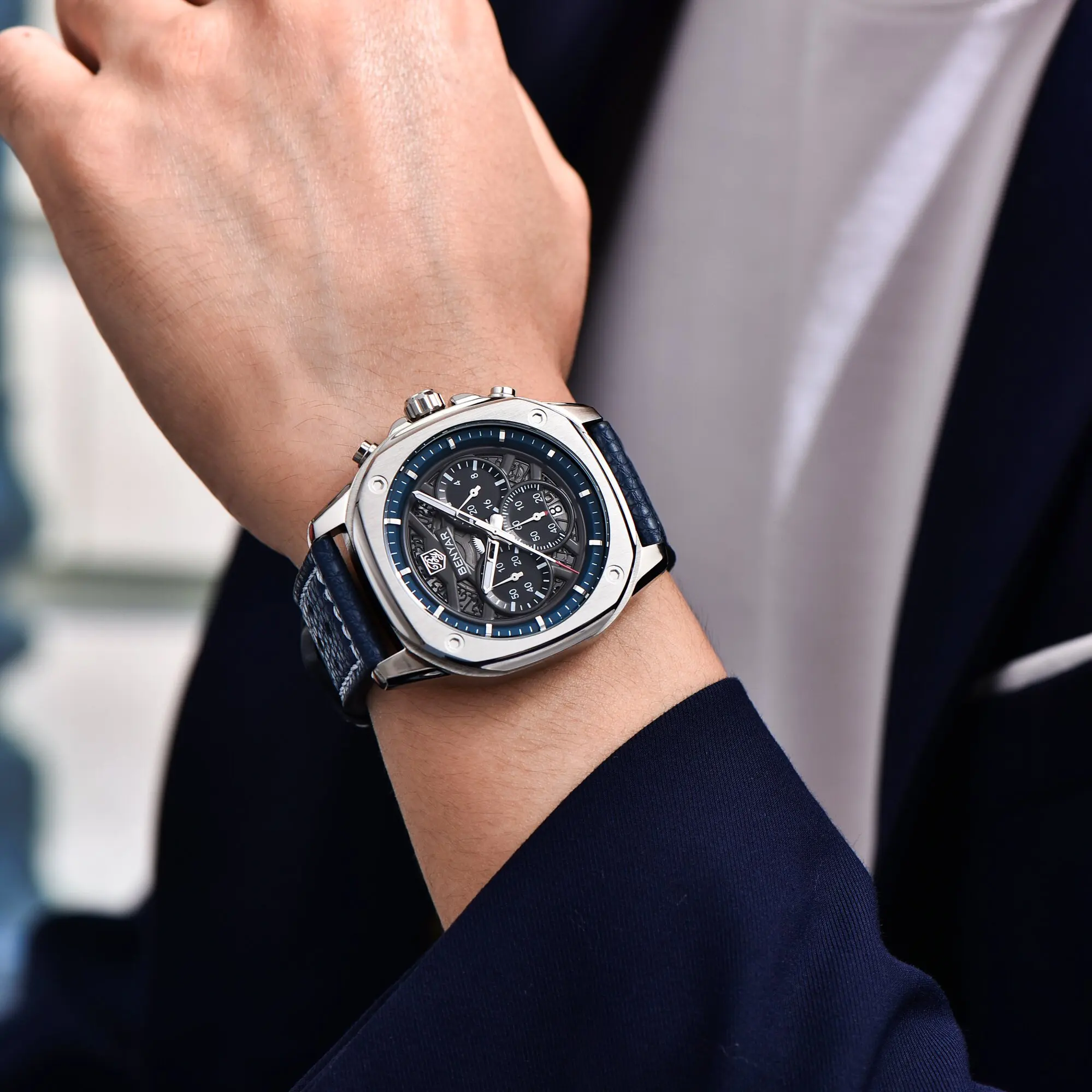 BENYAR Elegant Premium Men's Quartz Watch Leather Strap Hardlex Small Three-Pin 30m Diving Luminous Calendar Clock Business Gift
