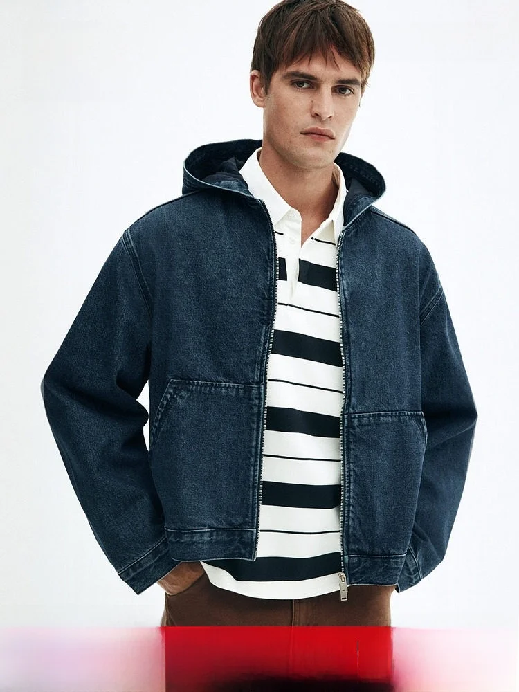

Loose Fit Men's Denim Jacket with Hood by H&M Button Decorated Cotton 100% Casual Spring Autumn Outerwear